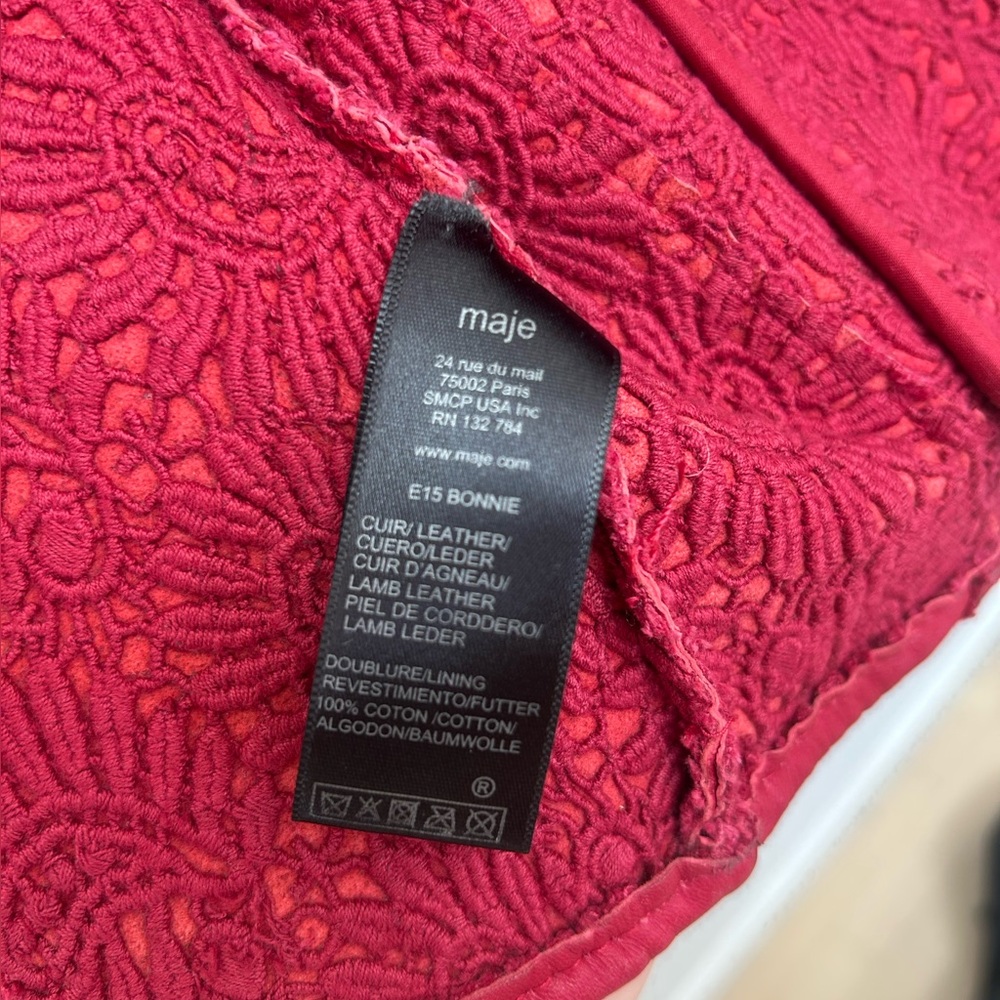 MAJE RED CROPPED LAMBSKIN LEATHER MOTO BIKER FLORAL LINED JACKET FR 36 S… - Picture 4 of 4